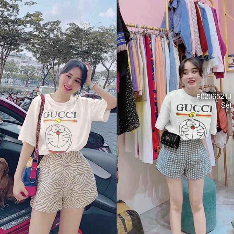 Set áo thun gucci in hình đoremon tay con phối quần short họa tiết!