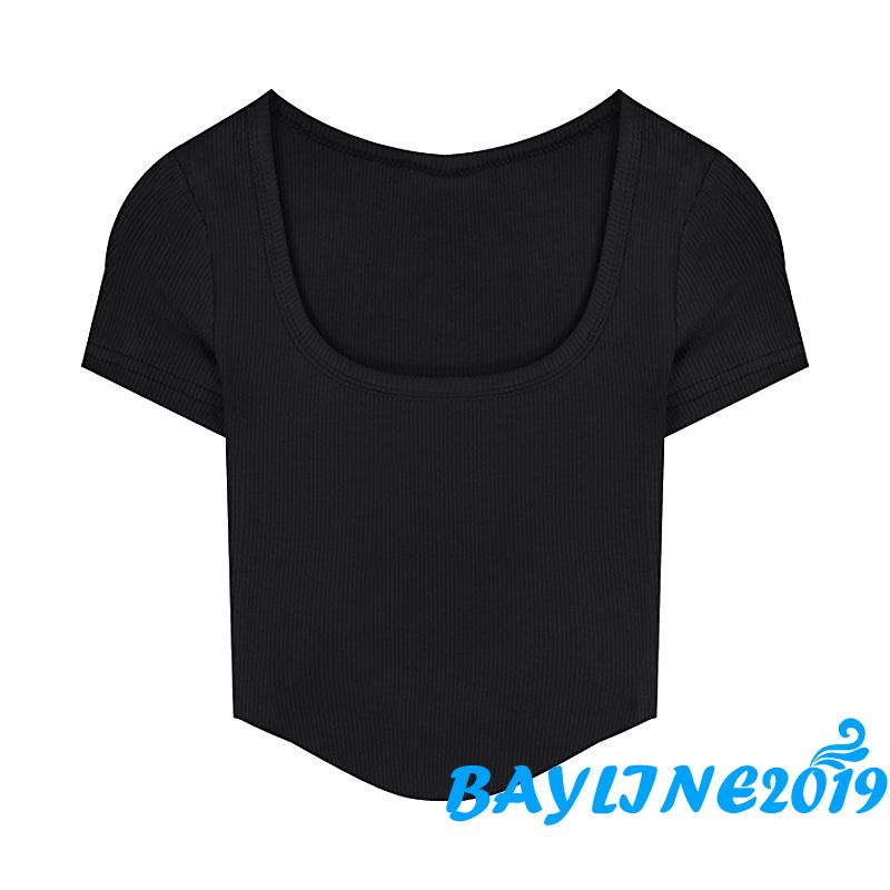 Áo Crop Top Tay Ngắn Cổ Chữ U Màu Trơn Thời Trang Mùa Hè Cho Nữ