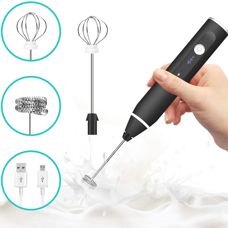 【Lifestyle】Mini Electric Milk Frother,USB Rechargeable Drink Mixer Handheld Egg Beater with 3 Mixing Head for Cappuccino