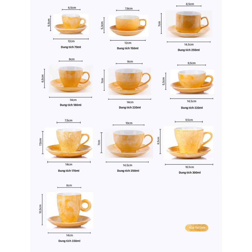 Bộ tách đĩa coffee vân đá Capuccino, Espresso, Latte nhiều màu, nhiều dung tích - Gốm Bát Tràng