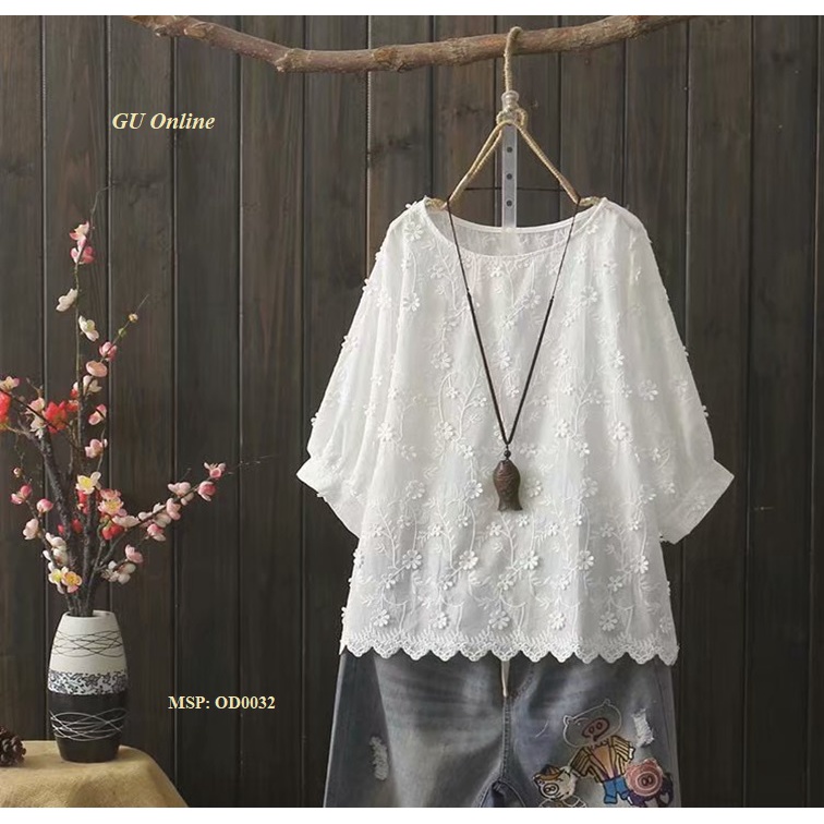 Áo sơ mi kiểu thêu hạo tiết, phong cách Nhật