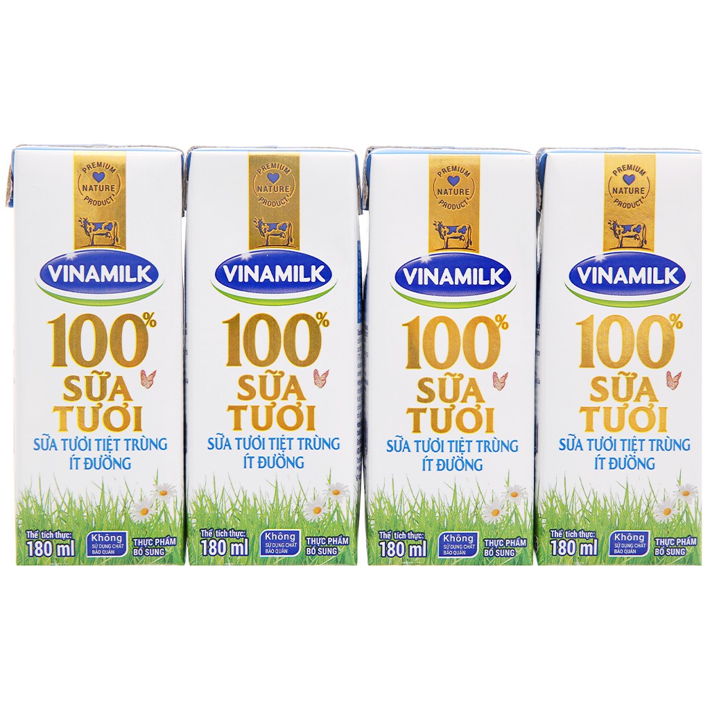 Lốc 4 hộp sữa tươi ít đường Vinamilk 100% Sữa Tươi 180ml