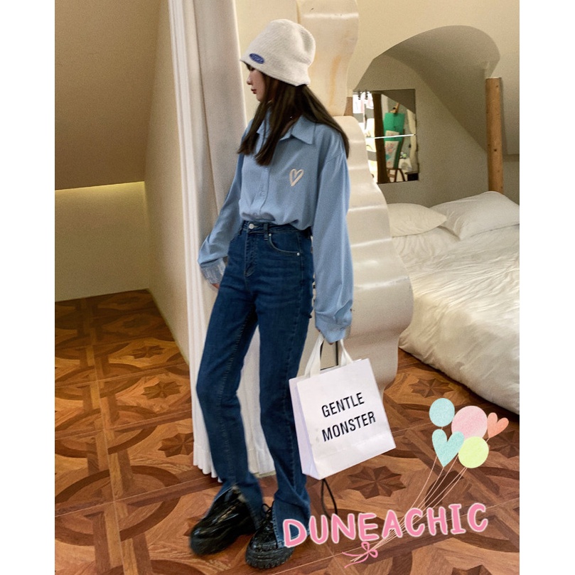 DUNEA Quần jean dài lưng cao dáng rộng co giãn tốt thiết kế quyến rũ cho nữ