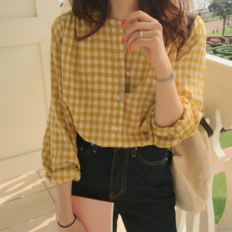 Áo Sơ Mi Nữ Dài Tay Cổ Tròn Ca Rô Thời Trang Hàn