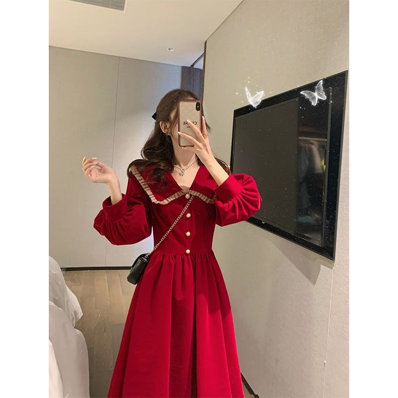 Đầm Nhung Cổ Búp Bê Thiết Kế Mới Thời Trang Mùa Thu Đông Theo Phong Cách Pháp Cho Nữ