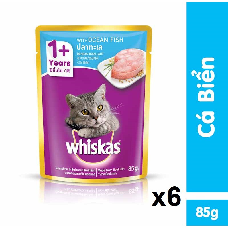 Bộ 6 túi thức ăn mèo lớn Whiskas vị cá biển 85g
