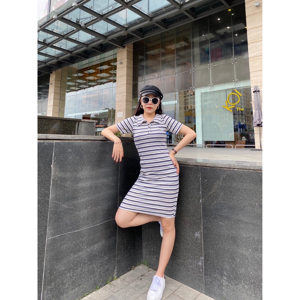 Đầm thun ôm cổ sơ mi body - kẻ sọc