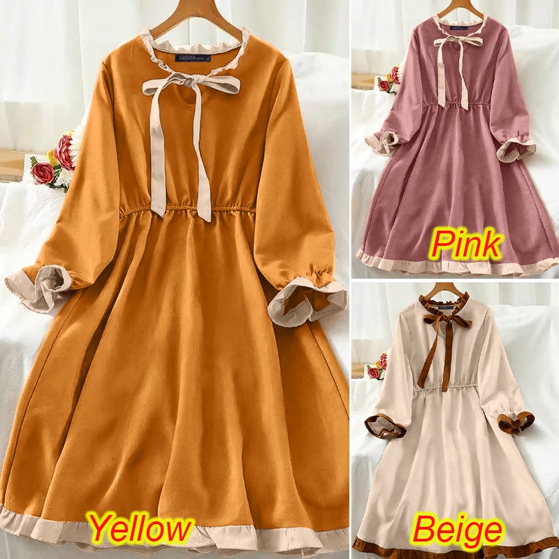 Đầm xòe ZANZEA tay phồng dài cổ tròn thời trang dành cho bạn nữ