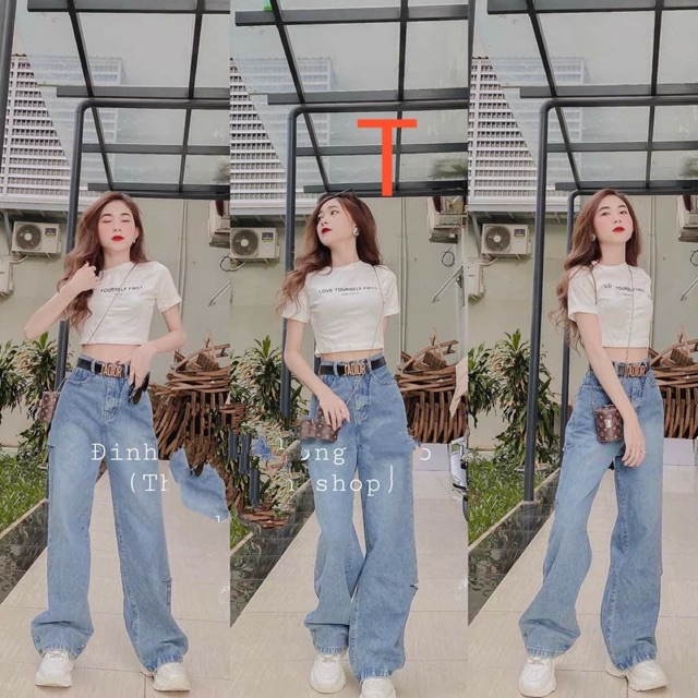 Sét áo crt Love your + quần bò ống rộng đè gấu TTK978