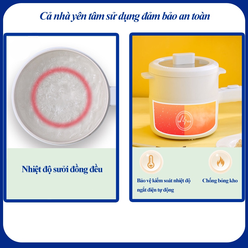Nồi nấu mì nồi lẩu mini điện chống dính đa năng công suất 700W dung tích  2L, kèm khay hấp, bảo hành 1 đổi 1