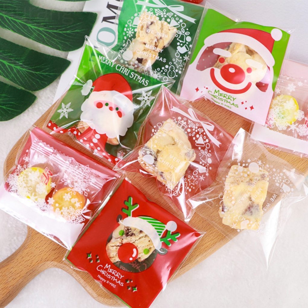 Set 100 túi nhựa trong suốt đựng thực phẩm họa tiết giáng sinh
