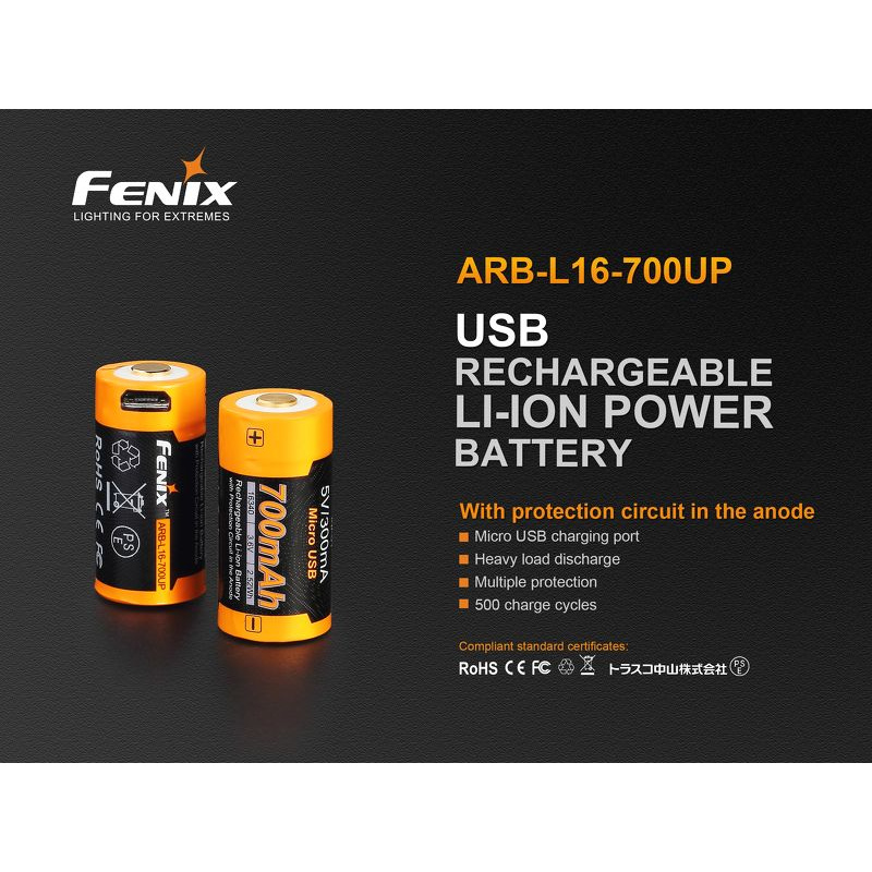 CHÍNH HÃNG PHÂN PHỐI - (01 viên) Pin sạc Fenix 16340 - ARB-L16-700UP - 700 mAh (tích hợp sạc Micro USB trên thân pin)