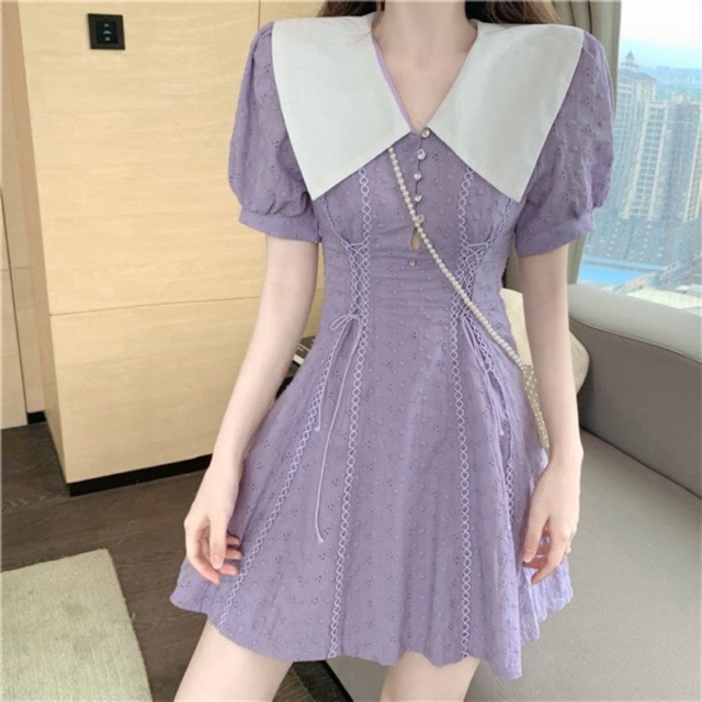váy tím cổ trắng tay bồng pastel xinh