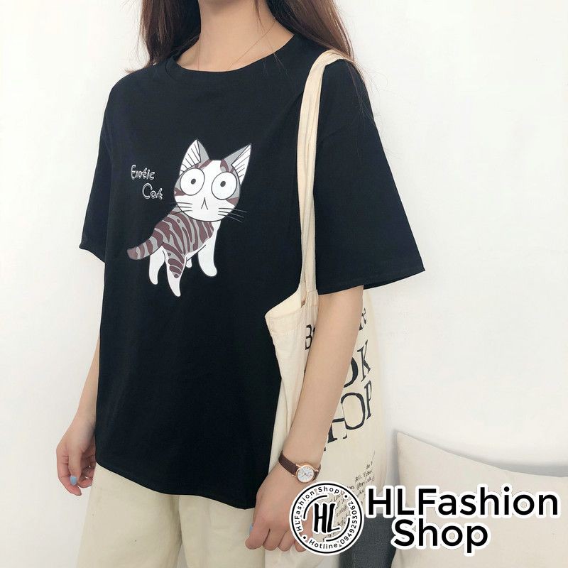 Áo thun tay lỡ form rộng Exotic Cat mèo ngây thơ, áo phông form rộng size HLFashion