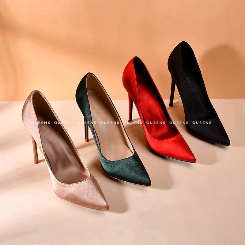 Giày Cao Gót Màu Đen Da Lụa Satin Sang Trọng Thời Trang Mang Êm Chân Cho Nữ Dự Tiệc, Công Sở, Hẹn Hò Cao Cấp 7-9-11 Phân