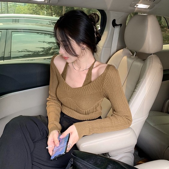 QADCOL Áo sweater dệt kim tay dài dáng ôm thiết kế độc đáo thời trang gợi cảm dành cho nữ