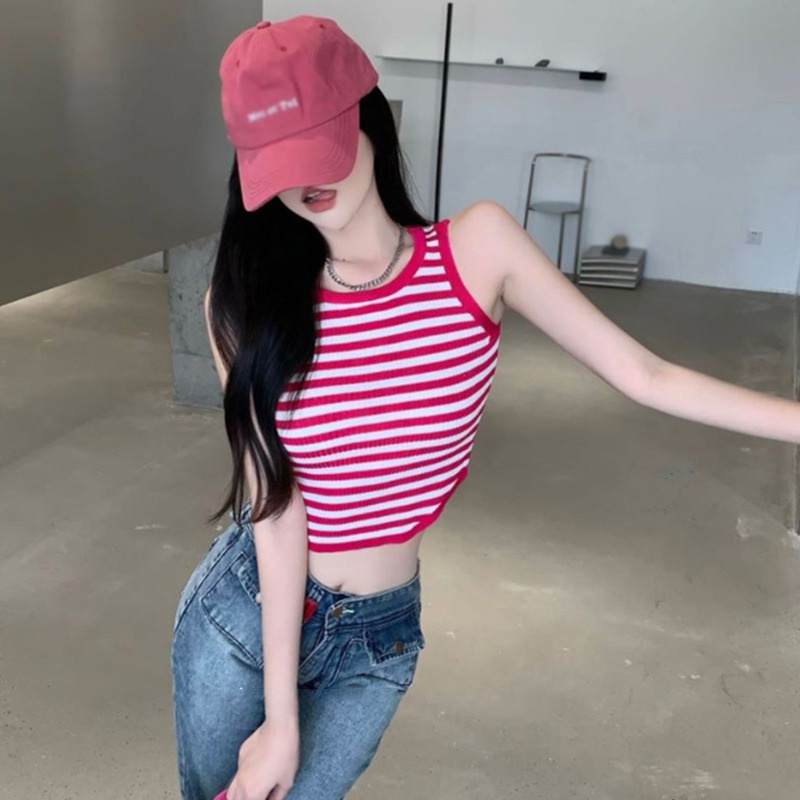 Áo Hai Dây Dệt Kim Dáng Ôm Họa Tiết Kẻ Sọc Thời Trang Quyến Rũ Cho Nữ