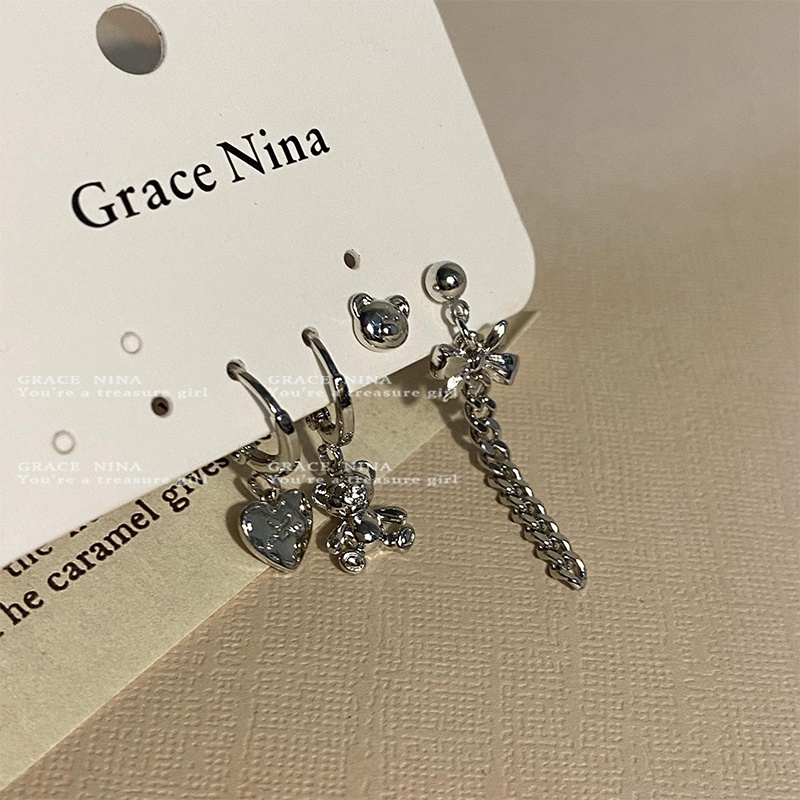 Bông Tai Hình Gấu Phối Dây Xích Phong Cách Harajuku Cá Tính