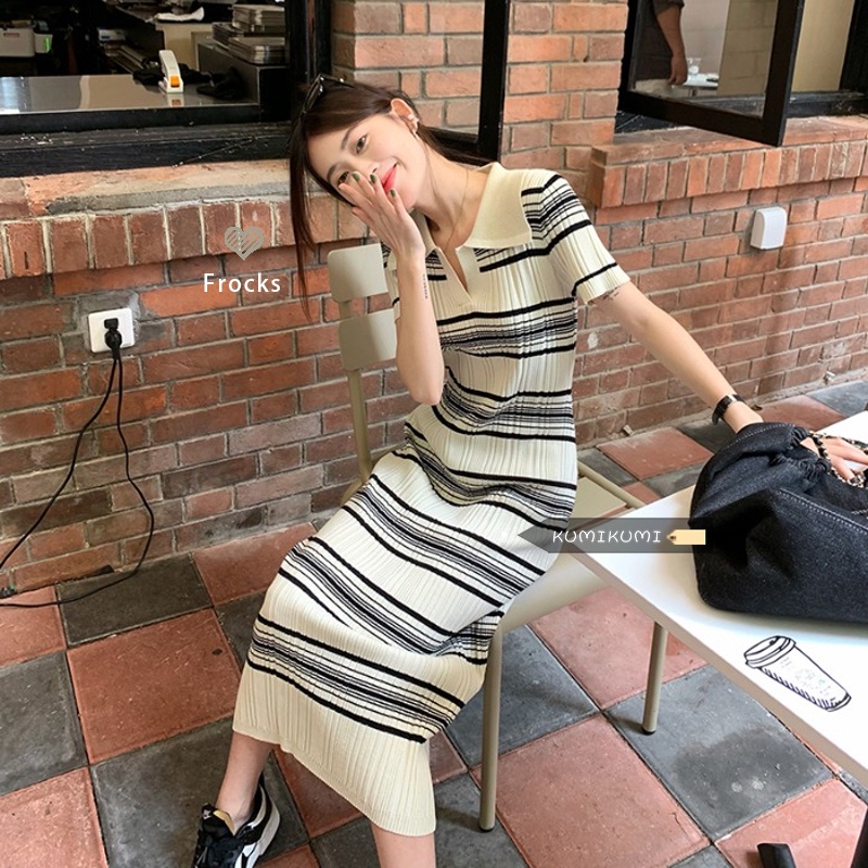 Đầm maxi dệt kim ZHELIHANGFEI tay ngắn cổ polo họa tiết kẻ sọc phong cách Hàn Quốc thời trang mùa hè