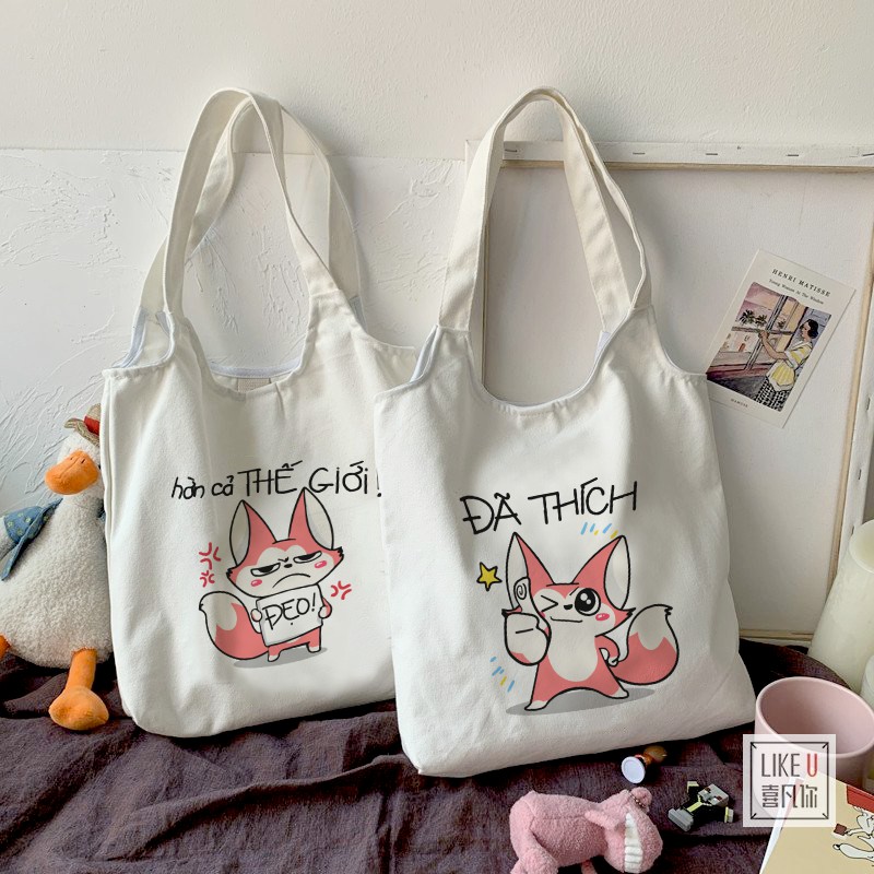 Túi Tote Canvas Quai Tròn Mèo Hiro Có Khóa Miệng Túi phong cách nữ tính và dễ thương, túi vải canvas