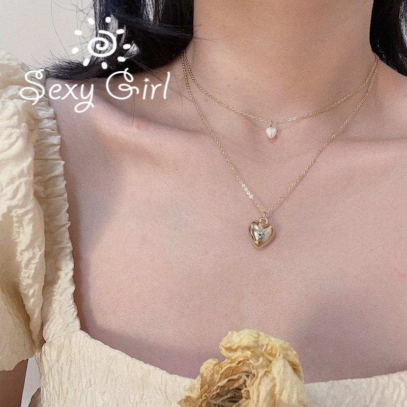 Vòng cổ Kim Loại Mặt Trái Tim Đôi Đính Hạt Ngọc Trai Quyến Rũ Cho Nữ