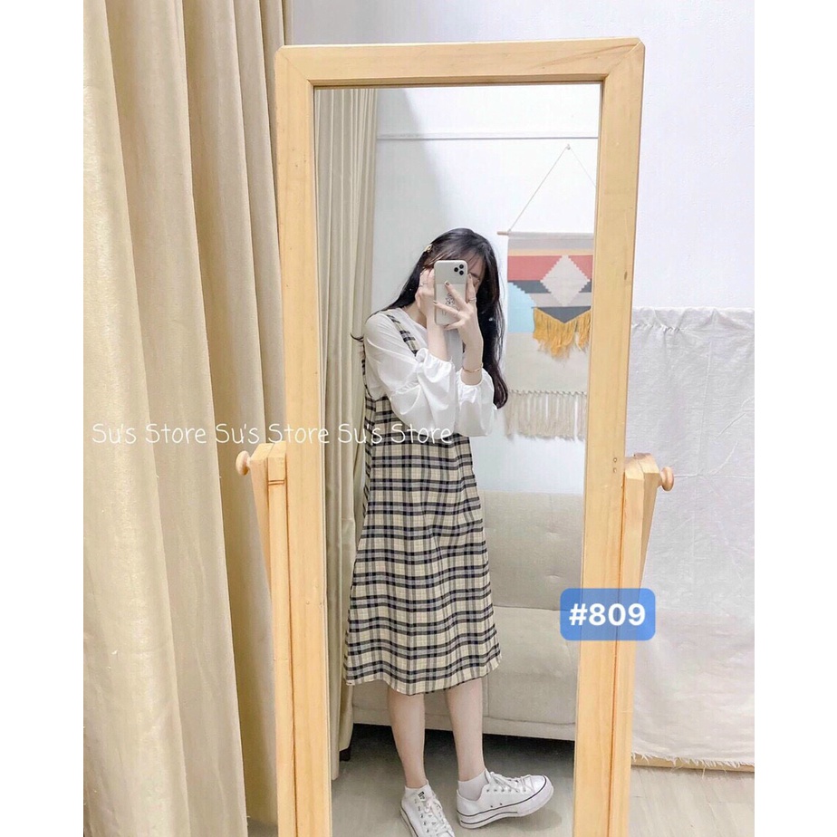 Set Yếm Kẻ Caro Áo Chun Tay Bồng Phối Yếm Dáng Rộng Unisex Thời Trang Hàn Quốc | BigBuy360 - bigbuy360.vn