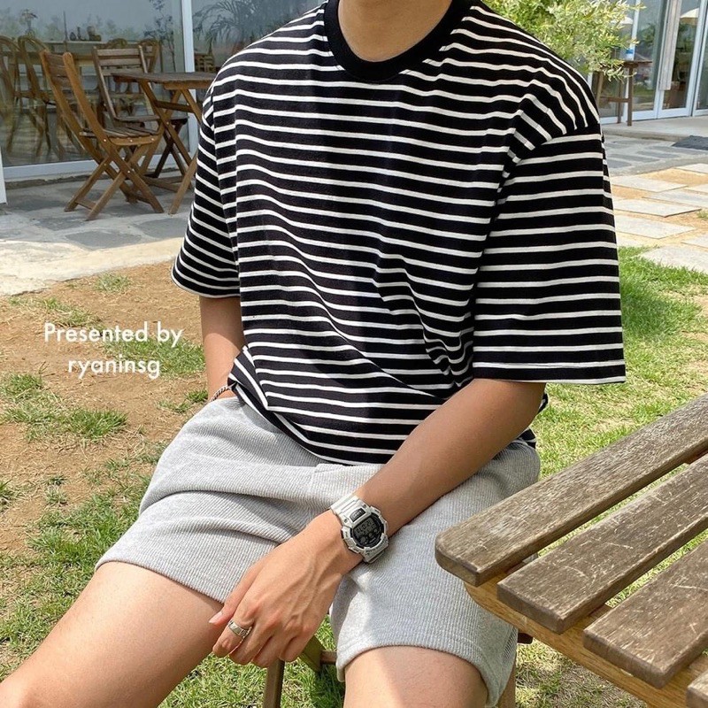 (Kèm clip) RYAN - Áo thun nam ngắn tay sọc đen trắng cotton cổ bo tròn thương hiệu RYAN form rộng Hàn Quốc | BigBuy360 - bigbuy360.vn