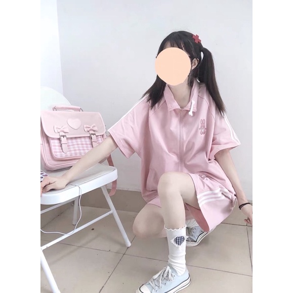 Set bộ áo thun khoá kéo+ quần đùi 3 sọc thêu hình gấu