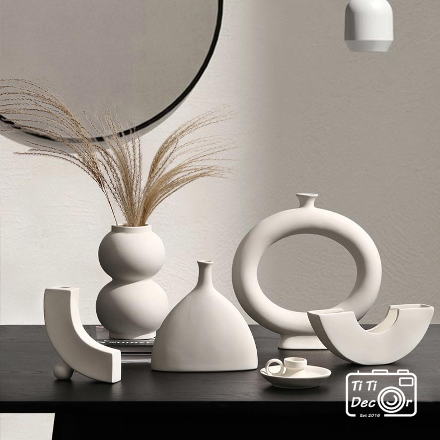 Bình Sứ Cắm Hoa Trắng TiTi Decor Lọ Gốm Cắm Hoa Trang Trí Cửa Hàng Phong Cách Hàn Quốc Minimalism