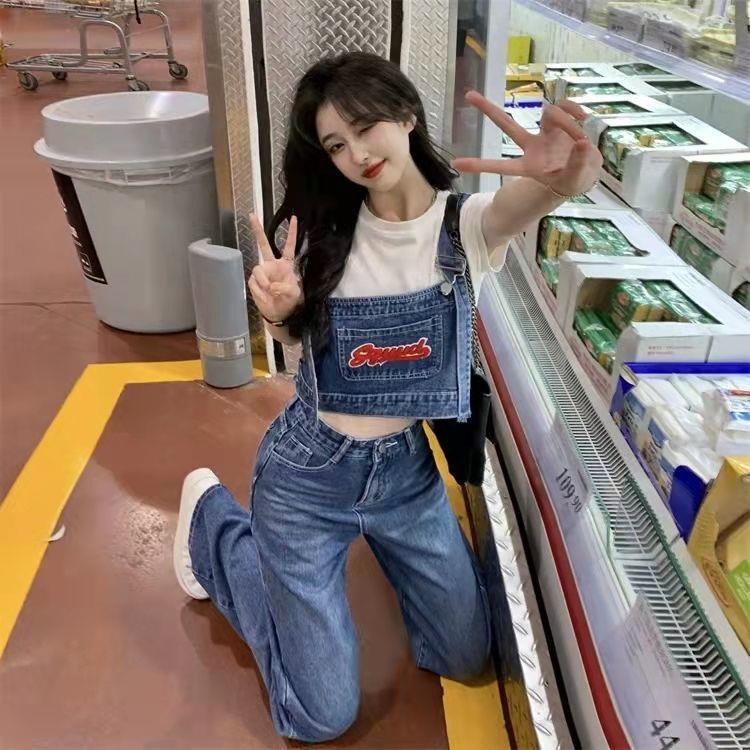 Set Áo Thun Ngắn Tay Cổ Tròn + Quần Yếm Denim Ống Rộng Xẻ Tà Thời Trang Mùa Hè Mới