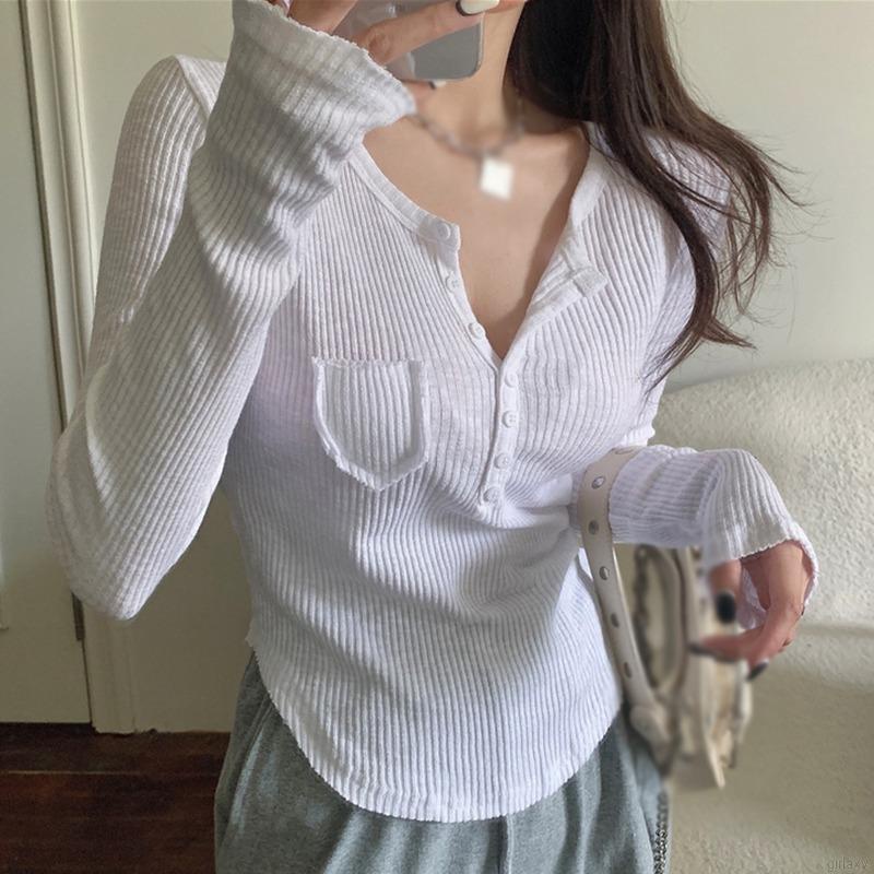 Áo Thun Tay Dài Cổ Chữ V Phong Cách Hàn Quốc Đơn Giản Cho Nữ