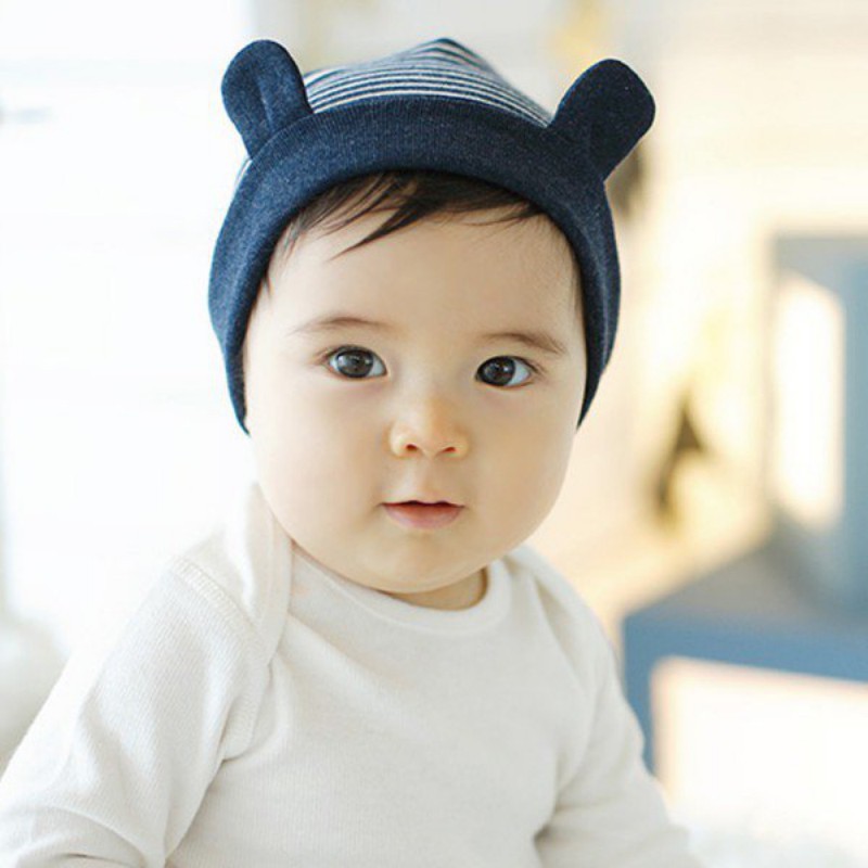 Mũ beanie có tai thiết kế họa tiết sọc ngang thời trang dễ thương cho bé