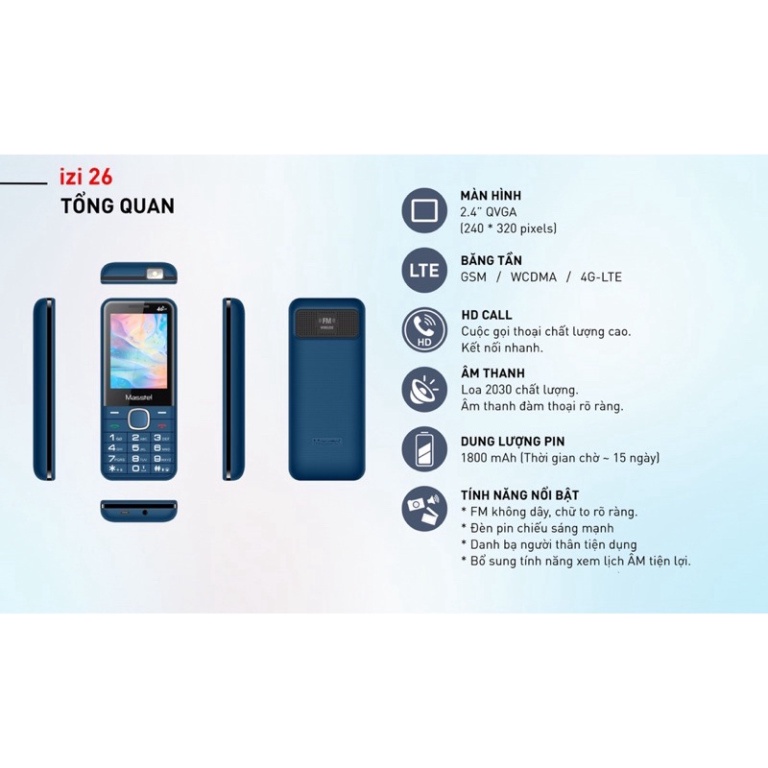 Điện thoại Masstel Izi 26 4G loa to, chữ to Pin siêu khỏe - bảo hành chính hãng 12 tháng MSP 021