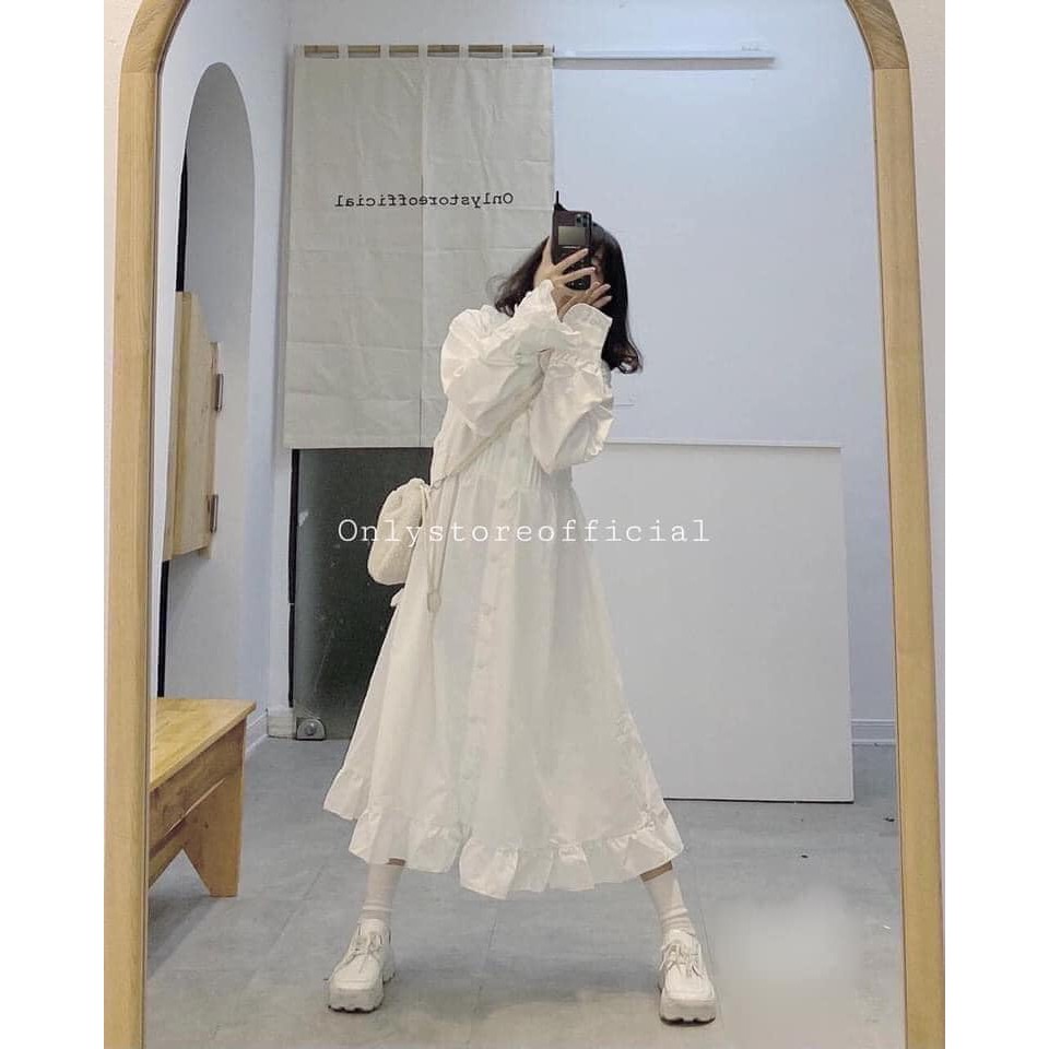 Váy babydoll cổ bèo nữ dài tay ulzzang 2 màu đen/trắng cực xinh xưởng sỉ nguyễn hoa