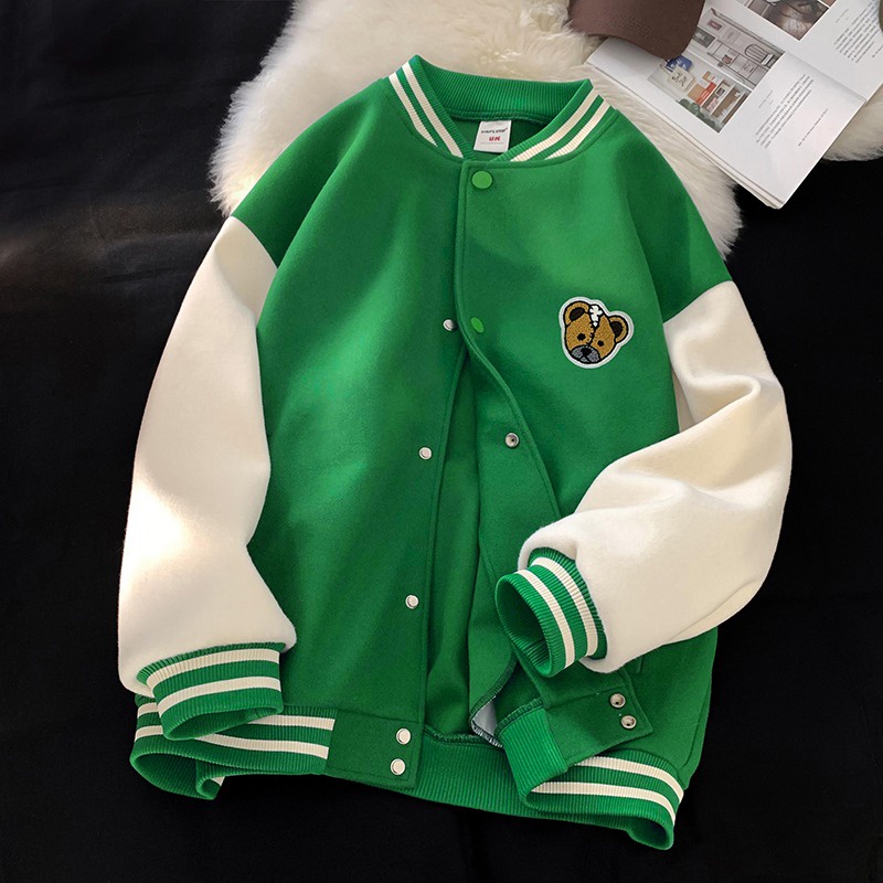 Áo khoác bomber unisex Varsity Jacket - Áo bóng chày thêu hình Gấu Kute, chất nỉ bông cotton dày dặn
