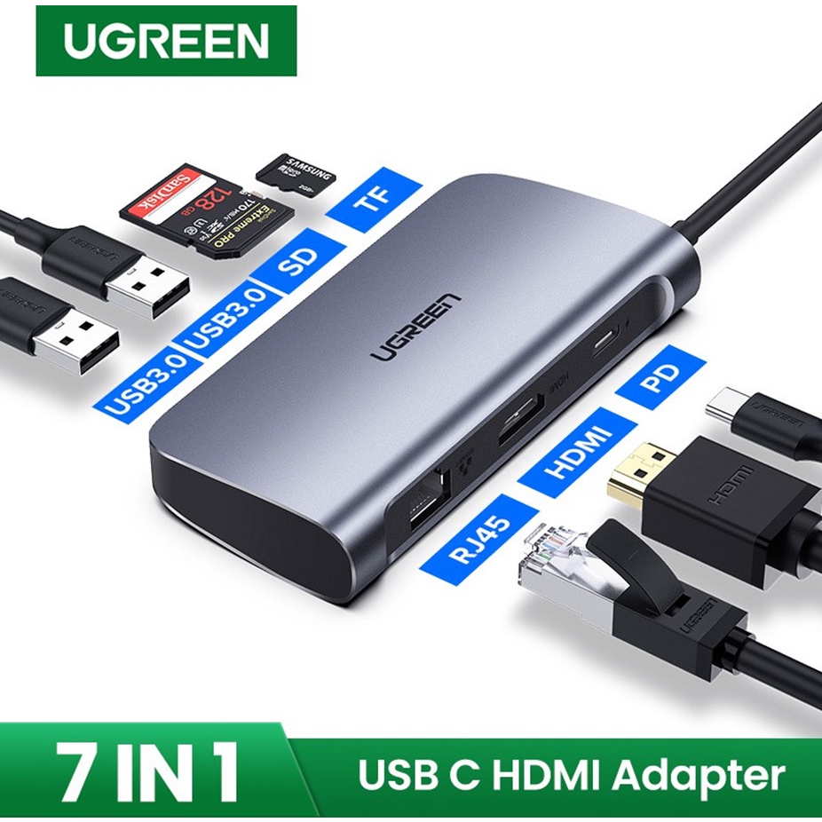 Bộ chia Hub USB Type C 7 in 1 Cao Cấp Ugreen 50852 Chính Hãng CM212 (Type C to HDMI 4K/Lan Gigabit+2USB 3.0/Reader SD/TF