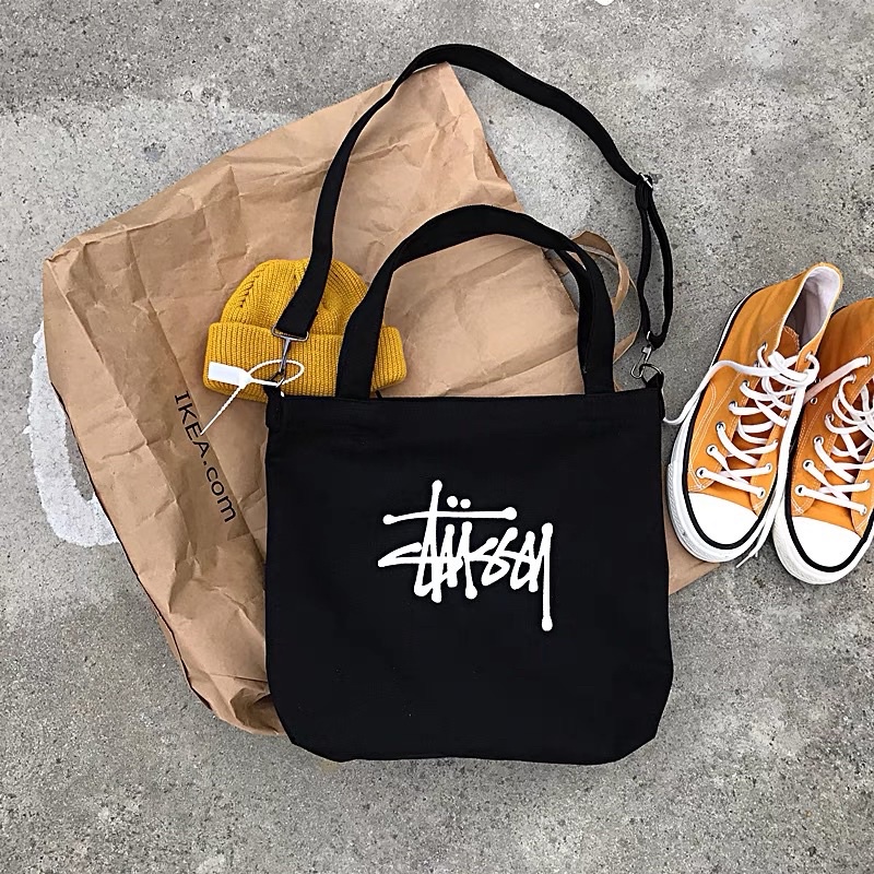 Túi vải tote canvas S.tussy unisex đeo chéo 9ty có khóa miệng ngăn phụ bên trong thời trang phong cách đường phố cá tính