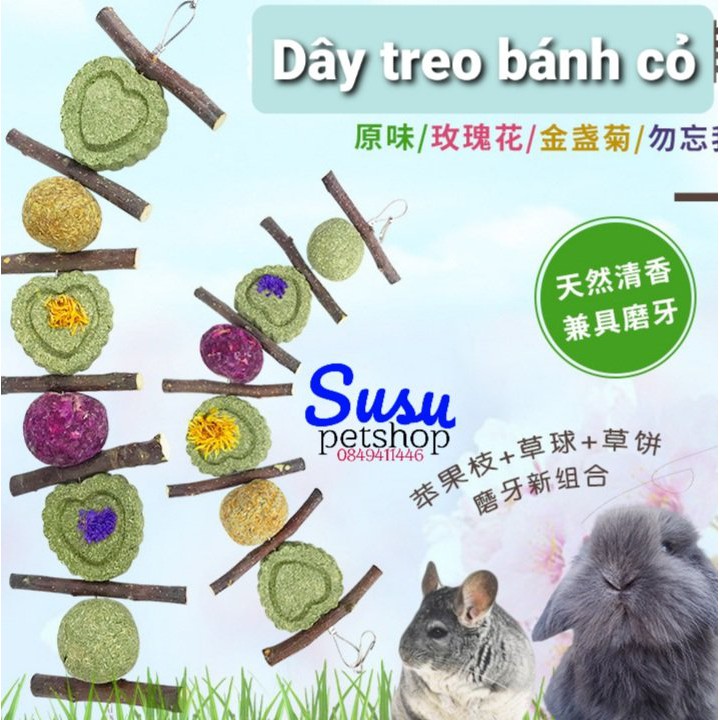 Dây treo bánh cỏ và cành táo dành cho thỏ/bọ/chinchila/sóc /bắc mỹ