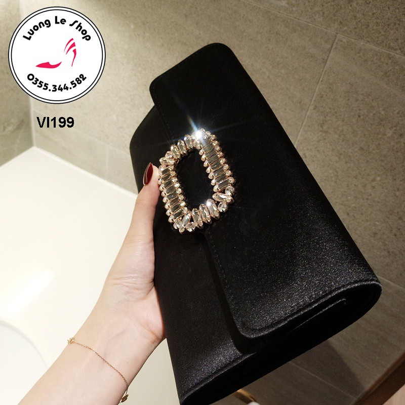 Clutch cầm tay dự tiệc dáng mở khuy đá vuông chất vải lụa cao cấp 3 màu đen đỏ nâu sang chảnh size 24x14cm ms VI199