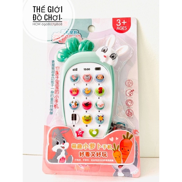[ HOT- CÓ NHẠC VÀ ĐÈN] Đồ chơi điện thoại thông minh thỏ con cà rốt, có kèm 3 pin, ấn là phát ra nhạc và đèn.