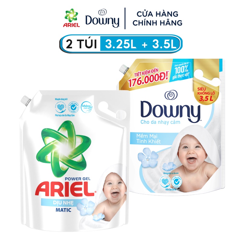 Combo Nước Giặt ARIEL Dịu Nhẹ Cho Da Nhạy Cảm Túi 3.25Kg VÀ Nước Xả Vải DOWNY Mềm Mại Tinh Khiết Túi 3.5L