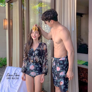Đồ bơi đôi nam nữ thời trang họa tiết hoa lá, bikini đôi nam nữ đi biển - Since Then - Hàng nhập khẩu
