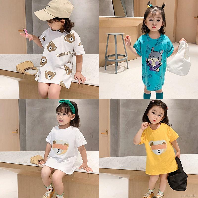 Đầm thun tay ngắn in hoạt hình phong cách Hàn Quốc thời trang mùa hè cho bé gái