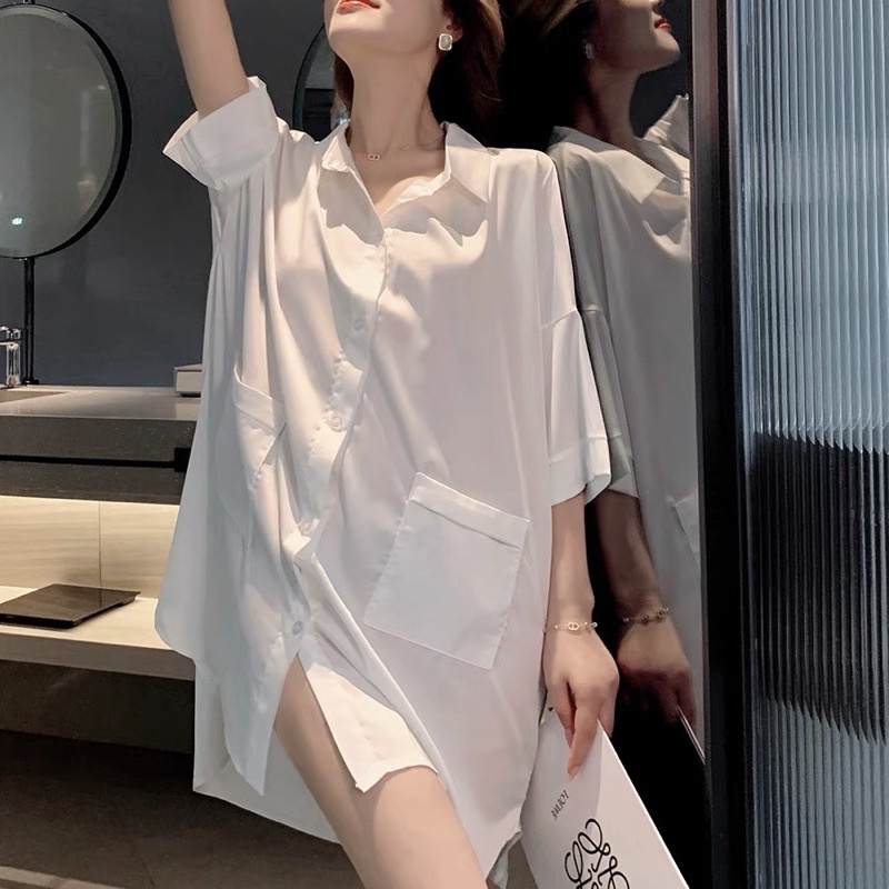 Váy ngủ nữ dáng sơ mi, áo choàng chất liệu lụa mềm mịn thoáng mát đồ mặc nhà quyến rũ sang chảnh