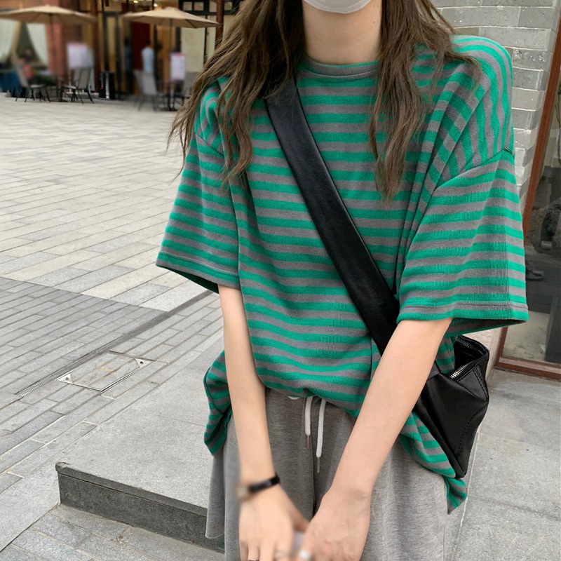 Áo Thun Tay Ngắn Dáng Rộng Họa Tiết Kẻ Sọc Phong Cách Hàn Quốc Thời Trang Mùa Hè Cho Nữ