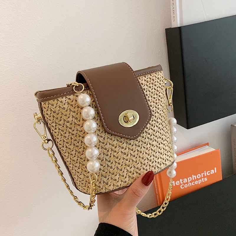 IELGY Túi Đeo Vai Dáng Xô Đính Ngọc Trai Phối Dây Xích Thời Trang Cho Nữ