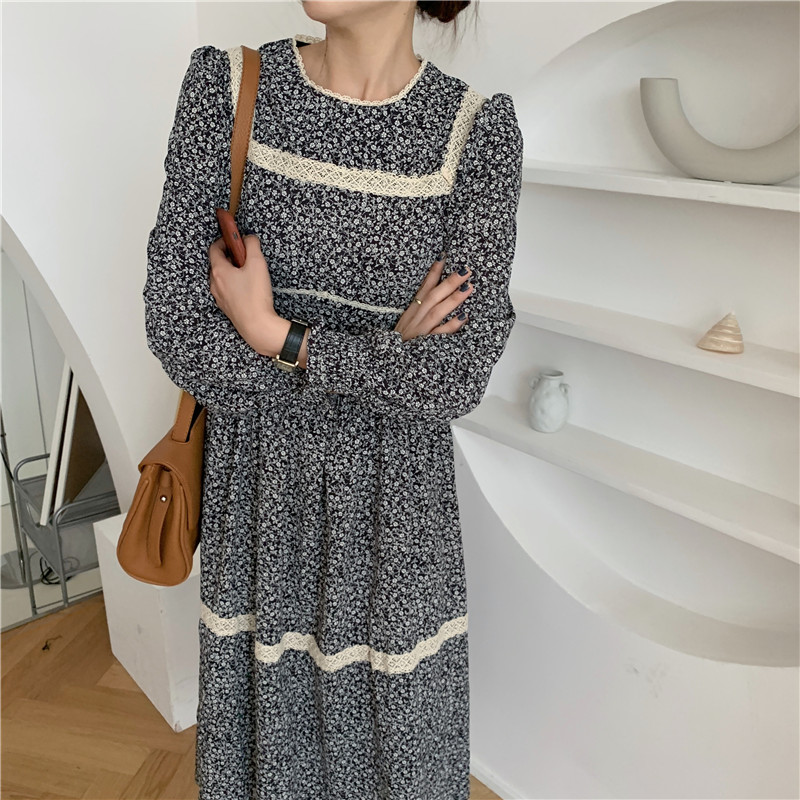 Đầm chiffon Peppermint 38705 tay dài cổ tròn in hoa phong cách retro độc đáo