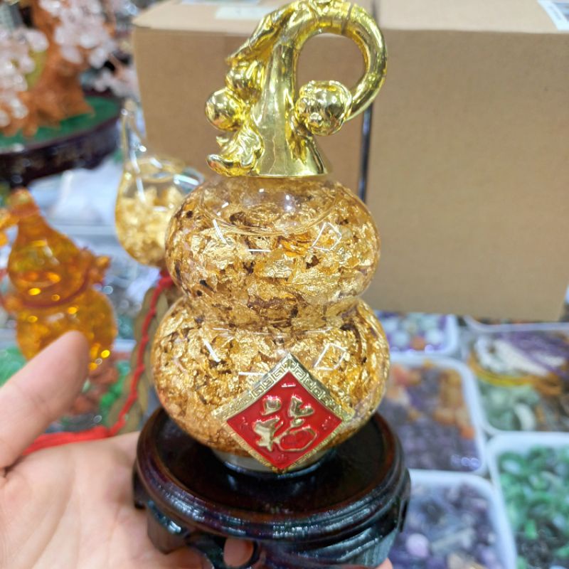 Bầu hồ lô đá  pha lê lưu ly nước ngải dát lá vàng cầu sưc khoe,tài lộc, may mắn