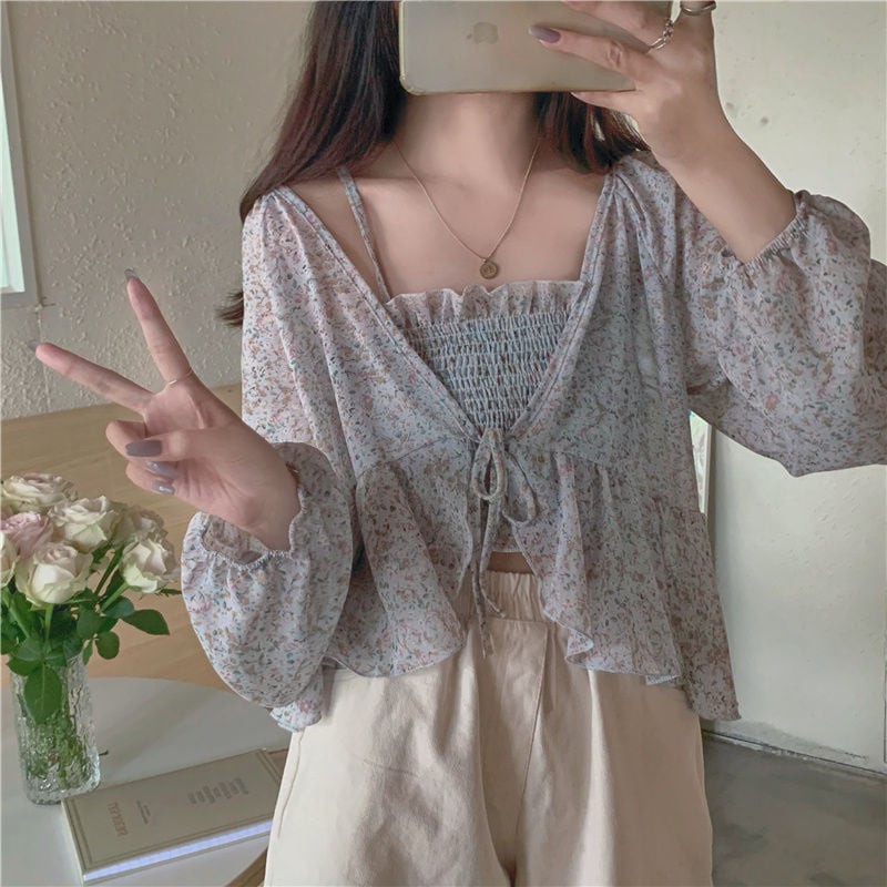 (ORDER) Áo kiểu voan hoa nhí mỏng mát xinh xắn buộc tà 2 màu daisy phong cách nữ sinh Hàn Quốc
