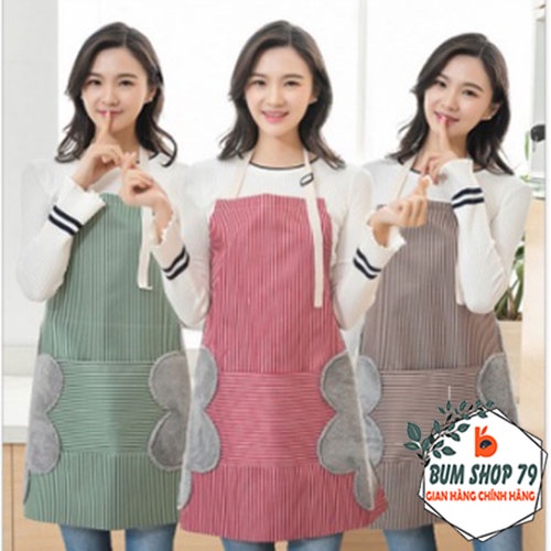 Tạp dề nấu ăn chống nước kẻ sọc kèm khăn lau tay bên hông, Tạp dề Hàn Quốc chống thấm nước có túi tiệ lợi